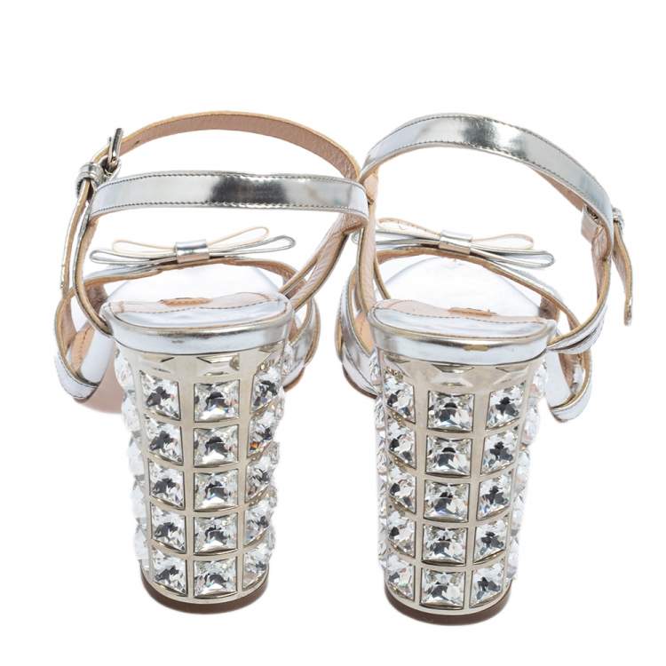 Pre Owned Miu Miu Silver Leather Crystal Heel Embellished Ankle Strap Sandals Size 38.5