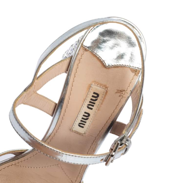 Pre Owned Miu Miu Silver Leather Crystal Heel Embellished Ankle Strap Sandals Size 38.5