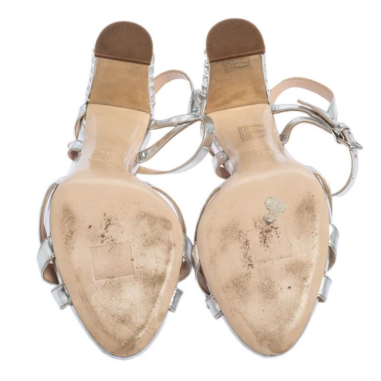 Pre Owned Miu Miu Silver Leather Crystal Heel Embellished Ankle Strap Sandals Size 38.5