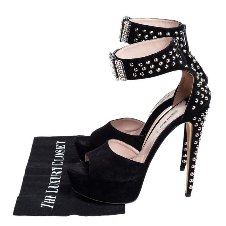 Pre Owned Miu Miu Black Suede Crystal Embellished Studded Heel Ankle Cuff Platform Sandals Size 40