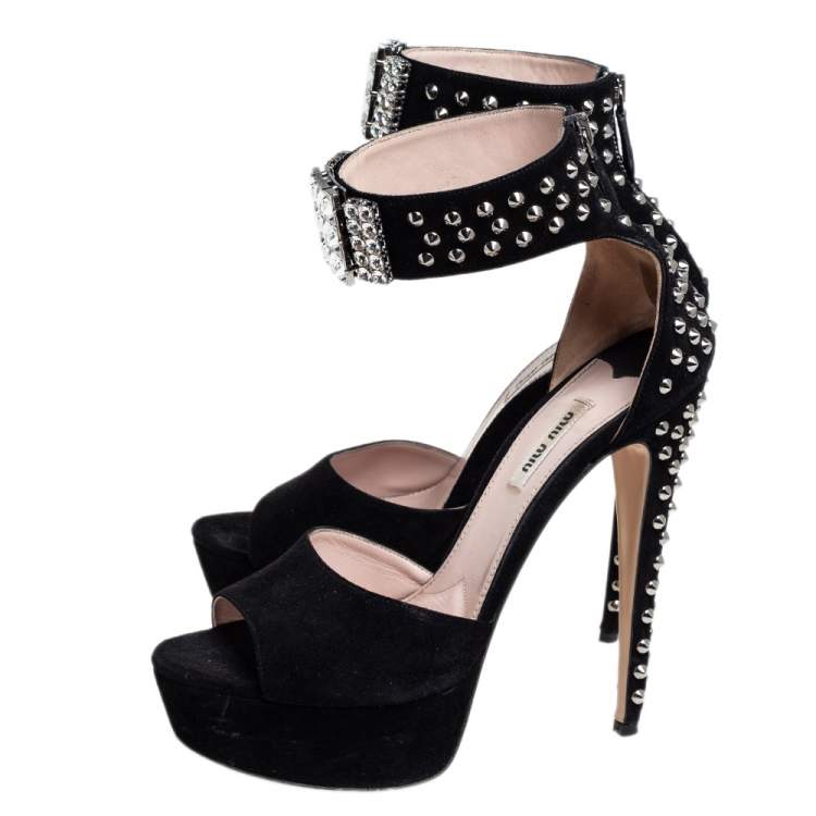 Pre Owned Miu Miu Black Suede Crystal Embellished Studded Heel Ankle Cuff Platform Sandals Size 40