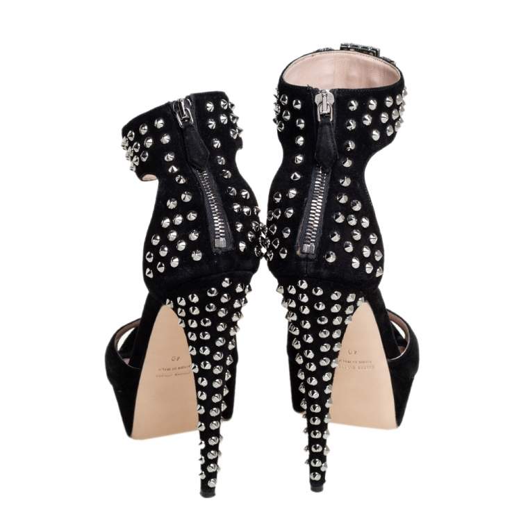 Pre Owned Miu Miu Black Suede Crystal Embellished Studded Heel Ankle Cuff Platform Sandals Size 40