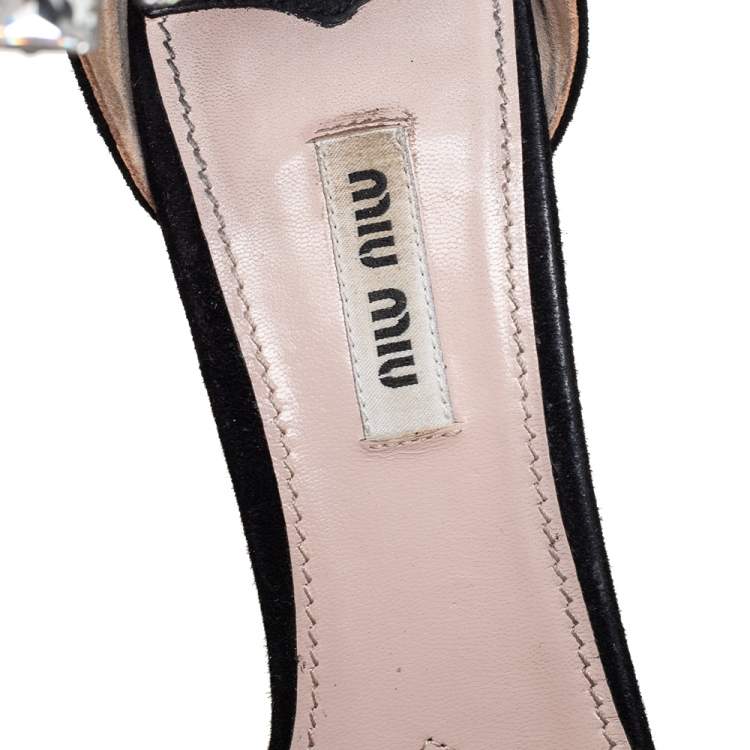 Pre Owned Miu Miu Black Suede Crystal Embellished Studded Heel Ankle Cuff Platform Sandals Size 40