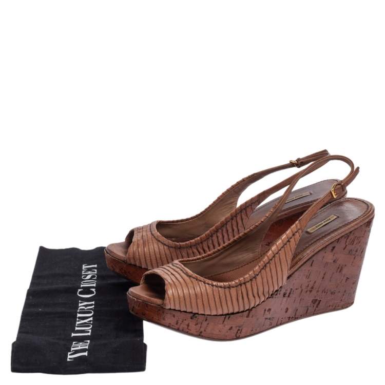 Pre Owned Miu Miu Brown Pleated Leather Peep Toe Platform Slingback Wedge Sandals Size 41