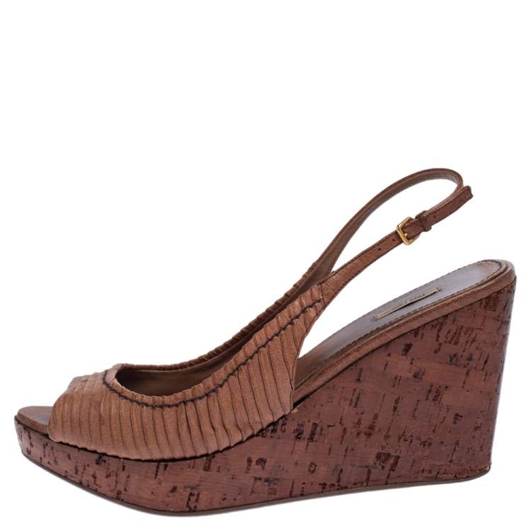 Pre Owned Miu Miu Brown Pleated Leather Peep Toe Platform Slingback Wedge Sandals Size 41
