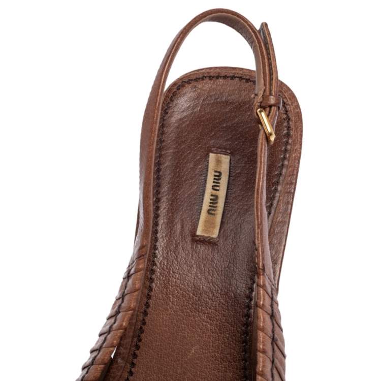 Pre Owned Miu Miu Brown Pleated Leather Peep Toe Platform Slingback Wedge Sandals Size 41