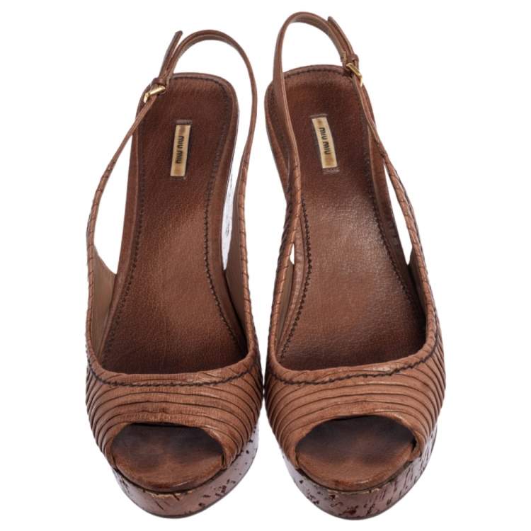 Pre Owned Miu Miu Brown Pleated Leather Peep Toe Platform Slingback Wedge Sandals Size 41