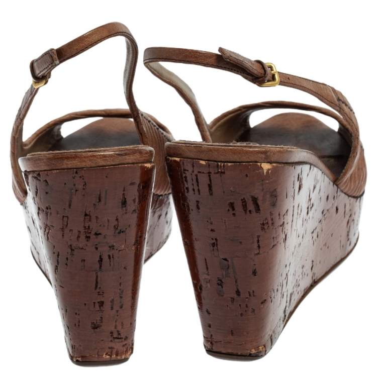 Pre Owned Miu Miu Brown Pleated Leather Peep Toe Platform Slingback Wedge Sandals Size 41