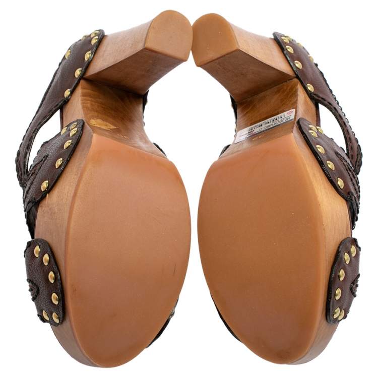 Pre Owned Miu Miu Brown Leather Mules Block Heel Sandals Size 39