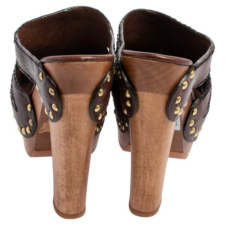 Pre Owned Miu Miu Brown Leather Mules Block Heel Sandals Size 39
