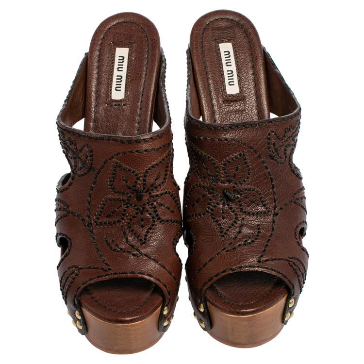 Pre Owned Miu Miu Brown Leather Mules Block Heel Sandals Size 39