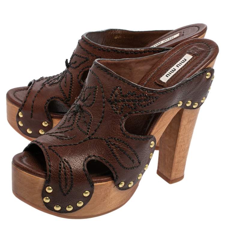Pre Owned Miu Miu Brown Leather Mules Block Heel Sandals Size 39