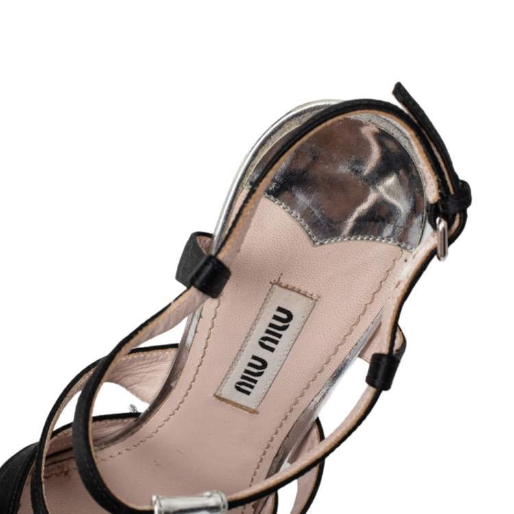 Pre Owned Miu Miu Black Satin Crystal Embellished Cut Out T Strap Sandals Size 37