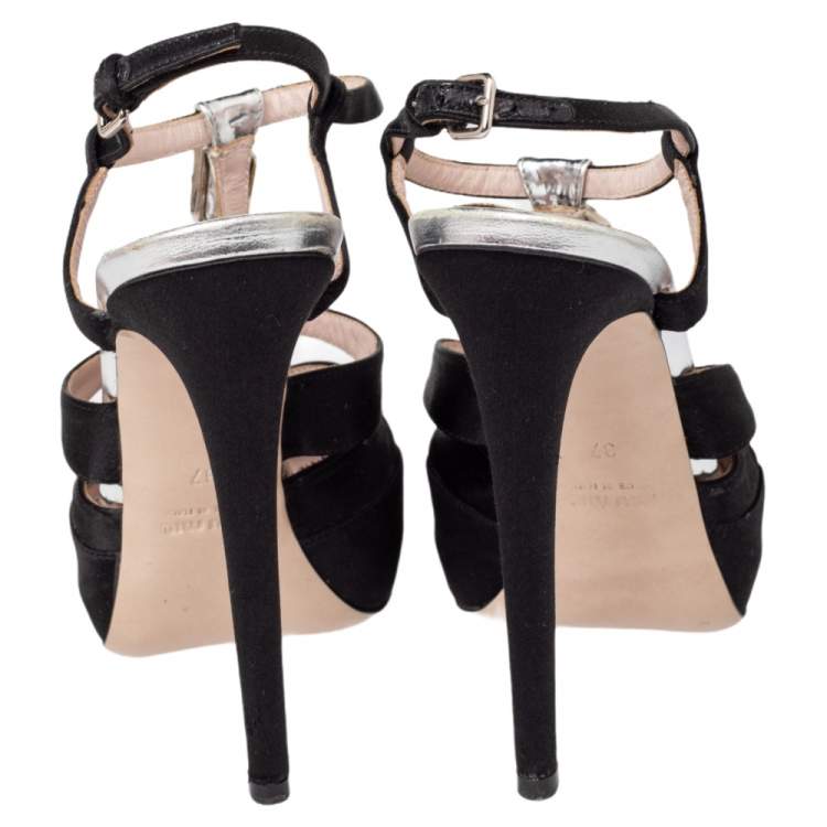 Pre Owned Miu Miu Black Satin Crystal Embellished Cut Out T Strap Sandals Size 37