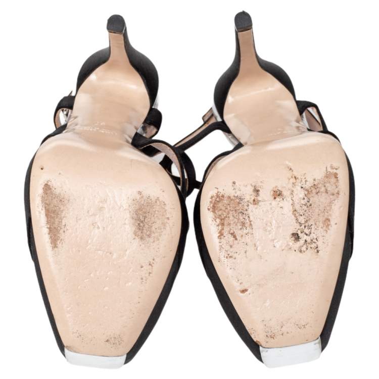 Pre Owned Miu Miu Black Satin Crystal Embellished Cut Out T Strap Sandals Size 37