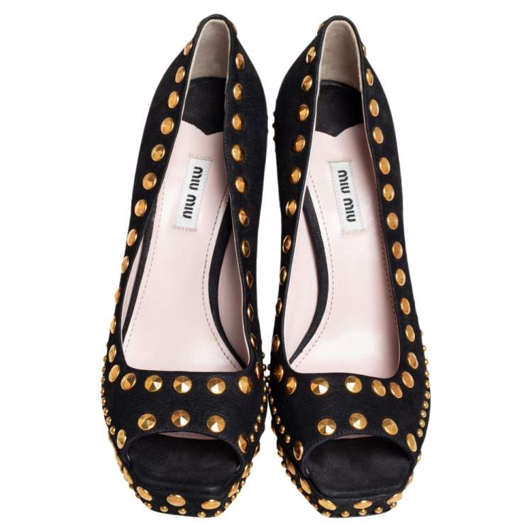 Pre Owned Miu Miu Black Nubuck Leather Studded Peep Toe Pumps Size 41