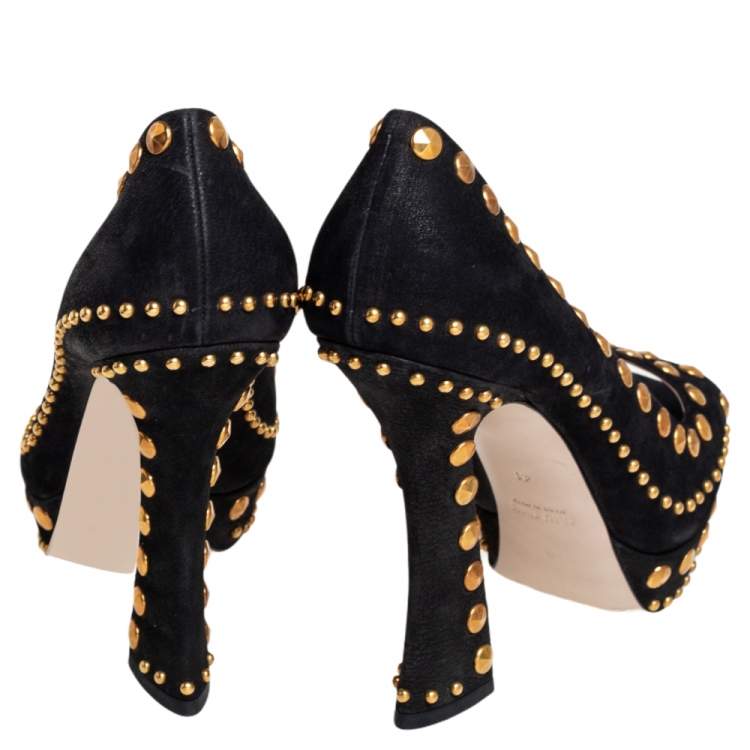 Pre Owned Miu Miu Black Nubuck Leather Studded Peep Toe Pumps Size 41