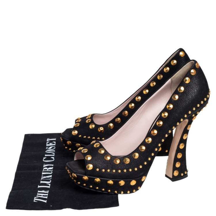 Pre Owned Miu Miu Black Nubuck Leather Studded Peep Toe Pumps Size 41