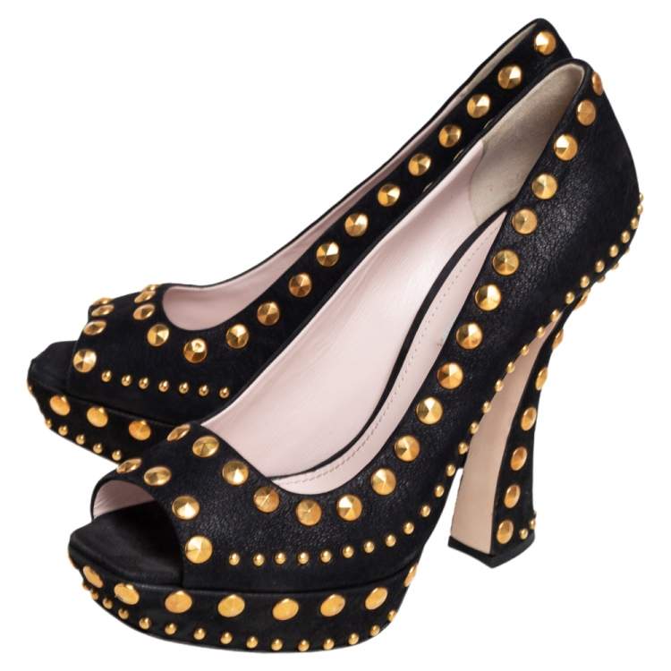 Pre Owned Miu Miu Black Nubuck Leather Studded Peep Toe Pumps Size 41