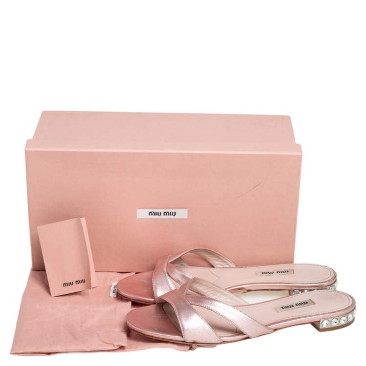 Pre Owned Miu Miu Metallic Pink Leather Jewel Embellished Heel Slide Sandals Size 38