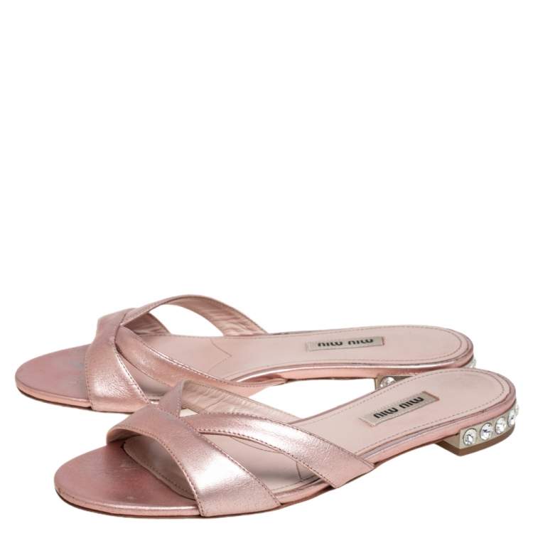 Pre Owned Miu Miu Metallic Pink Leather Jewel Embellished Heel Slide Sandals Size 38