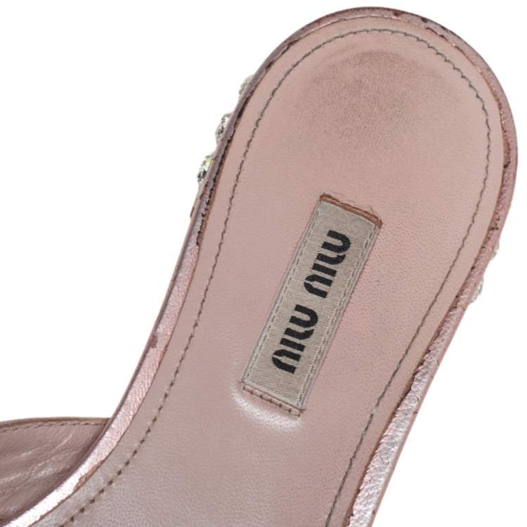 Pre Owned Miu Miu Metallic Pink Leather Jewel Embellished Heel Slide Sandals Size 38