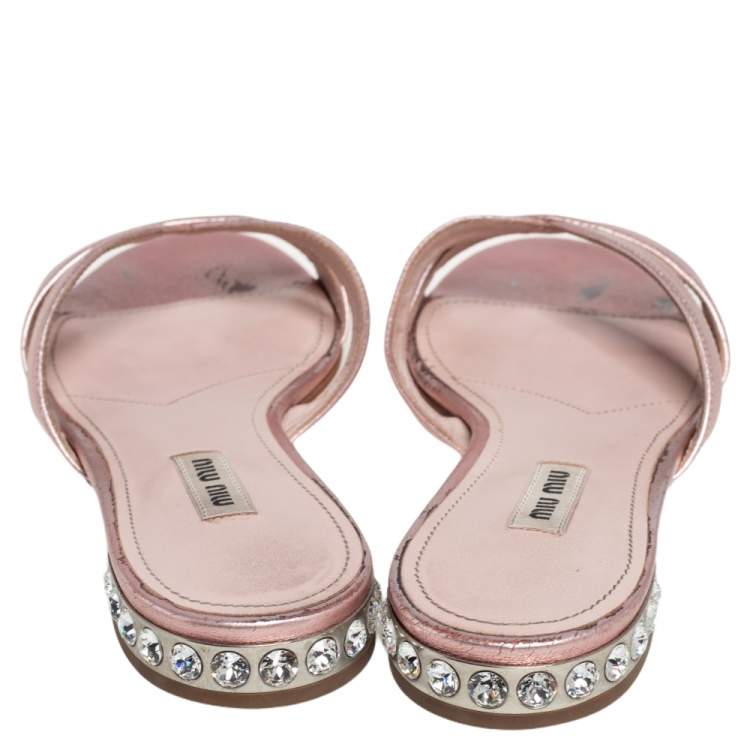 Pre Owned Miu Miu Metallic Pink Leather Jewel Embellished Heel Slide Sandals Size 38