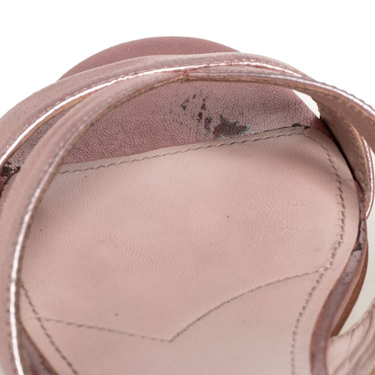 Pre Owned Miu Miu Metallic Pink Leather Jewel Embellished Heel Slide Sandals Size 38