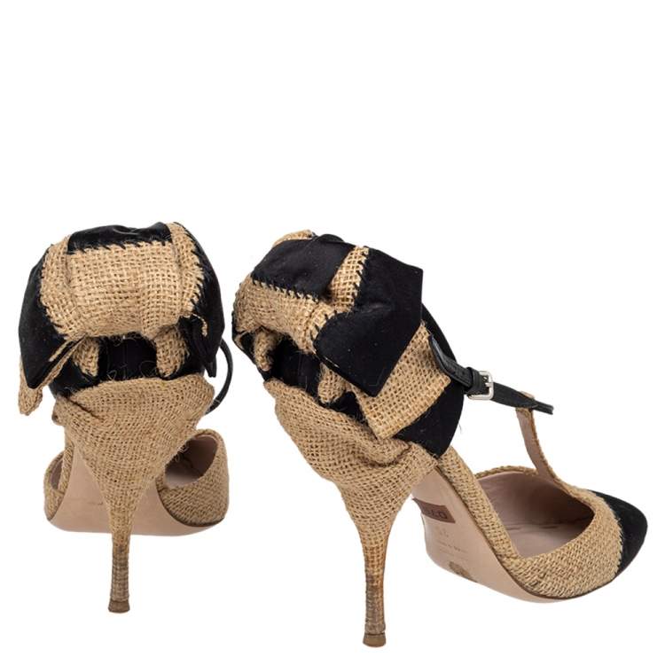 مملوكة مسبقًا Miu Miu Beige/Black Jute And Satin Bow T Strap Pumps Size 38