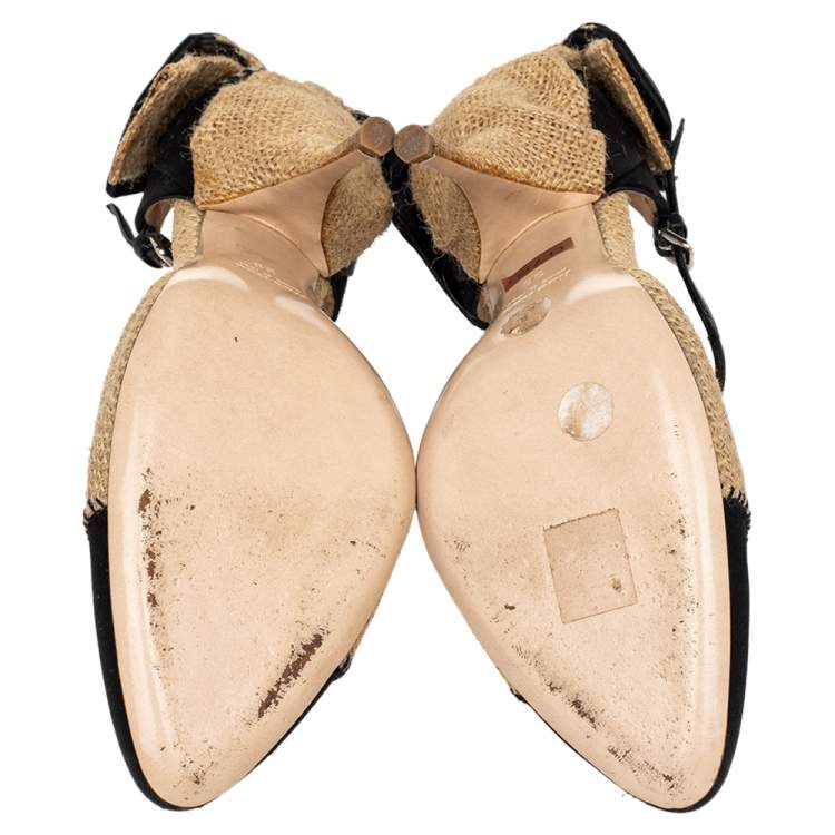مملوكة مسبقًا Miu Miu Beige/Black Jute And Satin Bow T Strap Pumps Size 38