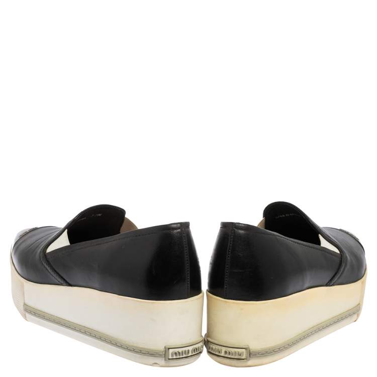 Pre Owned Miu Miu Black Leather Cap Top Skater Slip On Sneakers Size 37.5