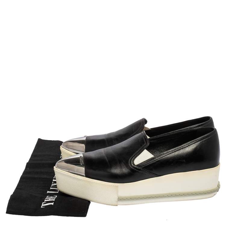 Pre Owned Miu Miu Black Leather Cap Top Skater Slip On Sneakers Size 37.5