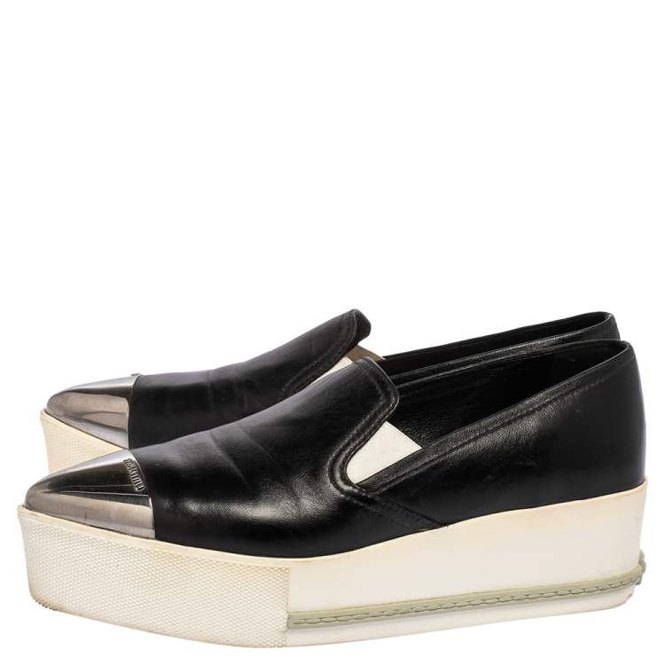 Pre Owned Miu Miu Black Leather Cap Top Skater Slip On Sneakers Size 37.5