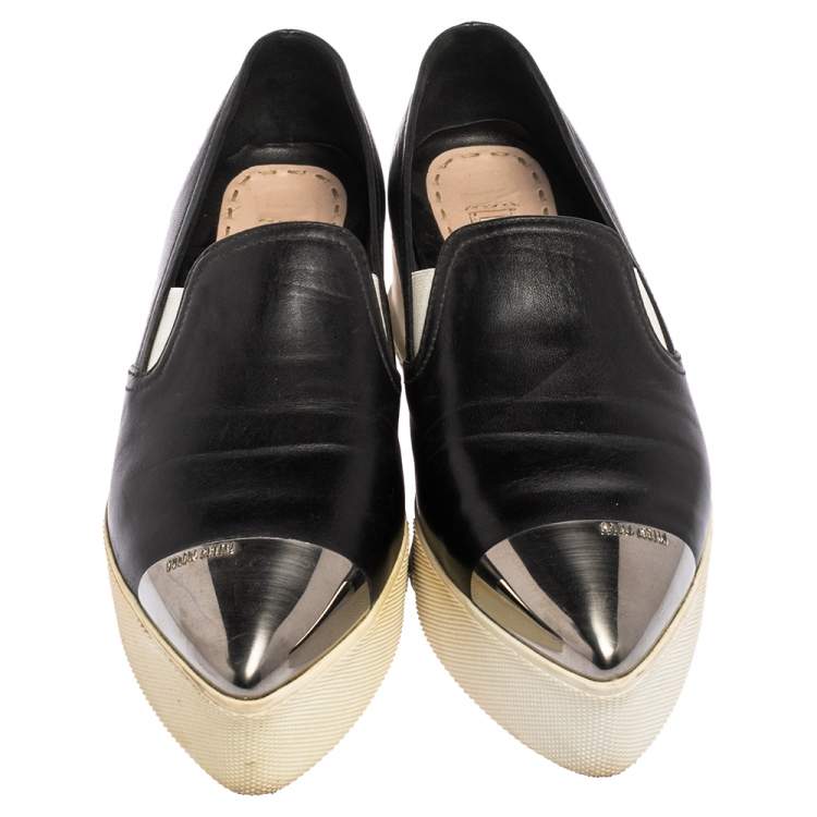 Pre Owned Miu Miu Black Leather Cap Top Skater Slip On Sneakers Size 37.5