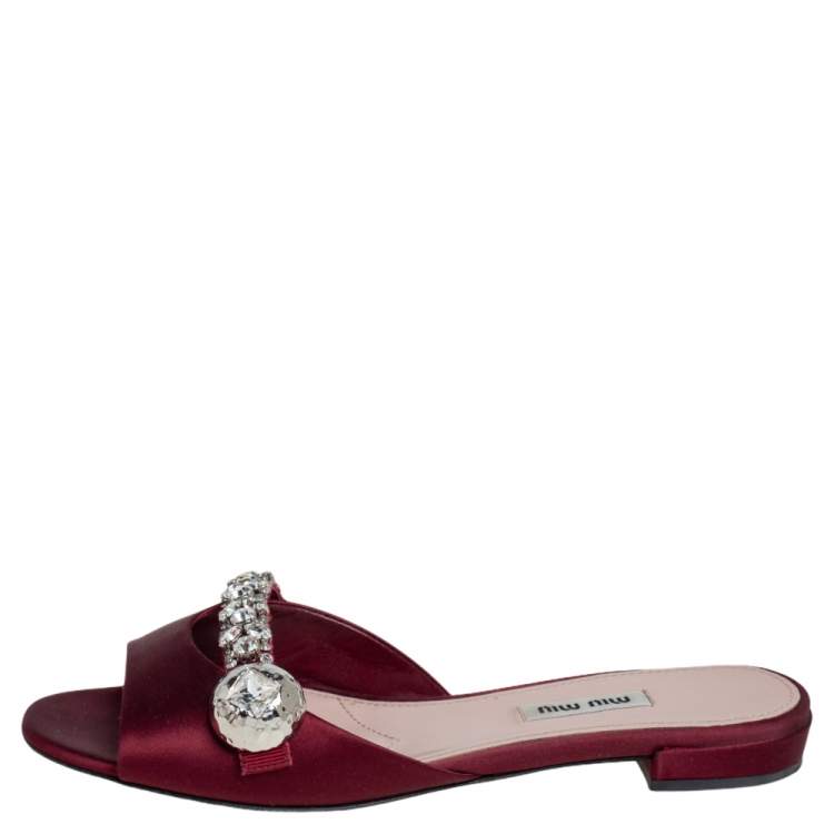 Pre Owned Miu Miu Burgundy Satin Crystal Embellished Flats Size 38