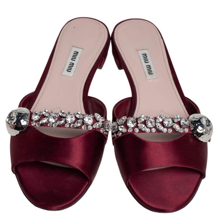 Pre Owned Miu Miu Burgundy Satin Crystal Embellished Flats Size 38