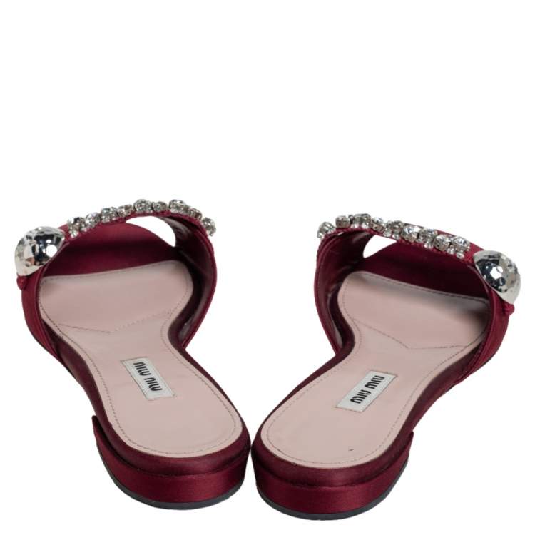 Pre Owned Miu Miu Burgundy Satin Crystal Embellished Flats Size 38