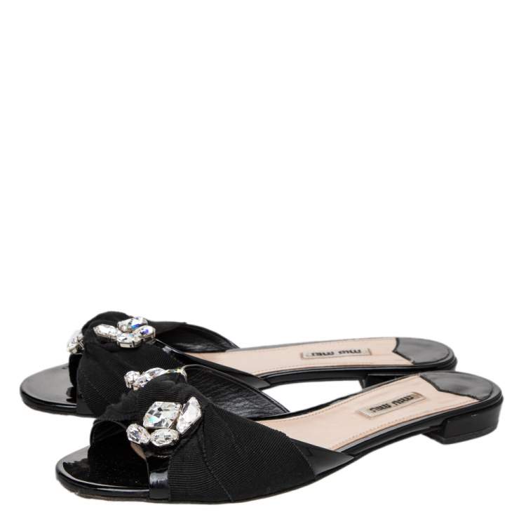 Pre Owned Miu Miu Black Patent Leather And Fabric Crystal Embellished Slide Sandals Size 39.5