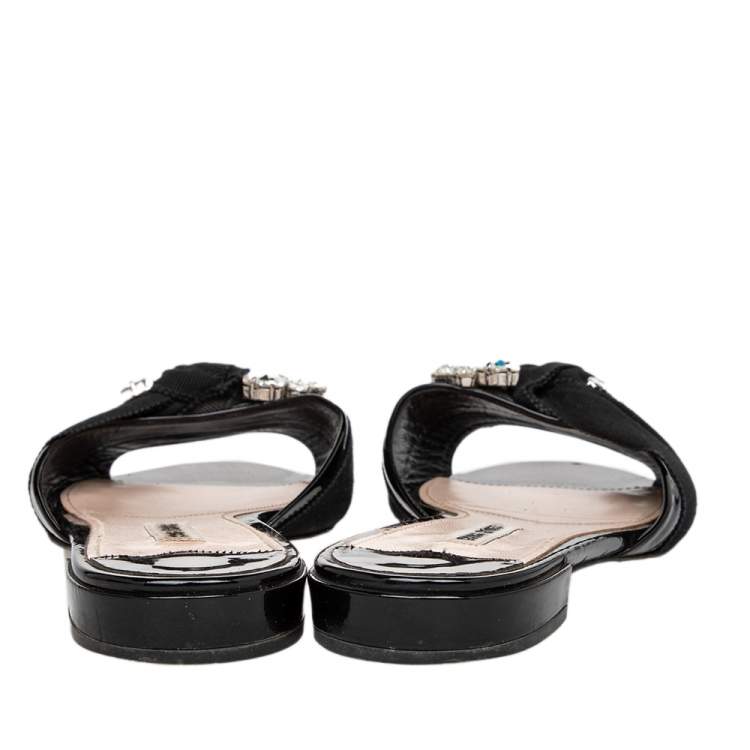 Pre Owned Miu Miu Black Patent Leather And Fabric Crystal Embellished Slide Sandals Size 39.5