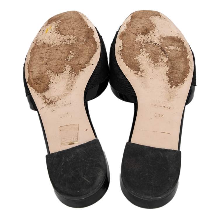 Pre Owned Miu Miu Black Patent Leather And Fabric Crystal Embellished Slide Sandals Size 39.5