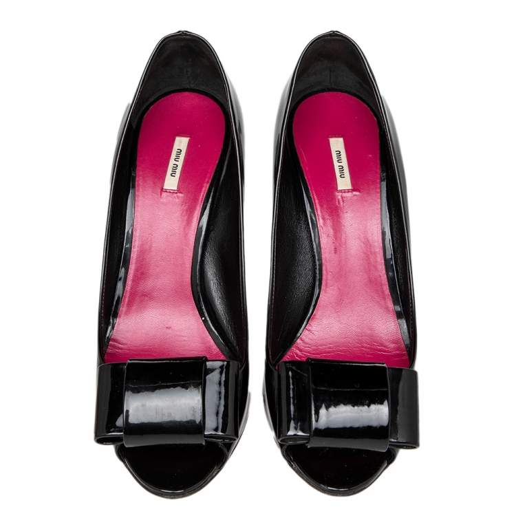 Pre Owned Miu Miu Black Patent Leather Bow Peep Toe Pumps Size 39.5
