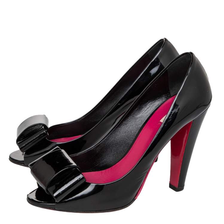 Pre Owned Miu Miu Black Patent Leather Bow Peep Toe Pumps Size 39.5