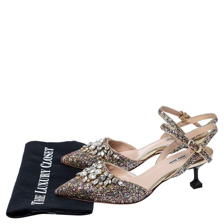 Pre Owned Miu Miu Multicolor Glitter Crystal Embellished Pointed Toe Slingback Sandals Size 40
