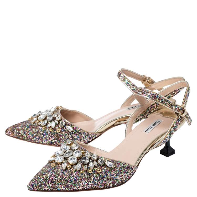 Pre Owned Miu Miu Multicolor Glitter Crystal Embellished Pointed Toe Slingback Sandals Size 40
