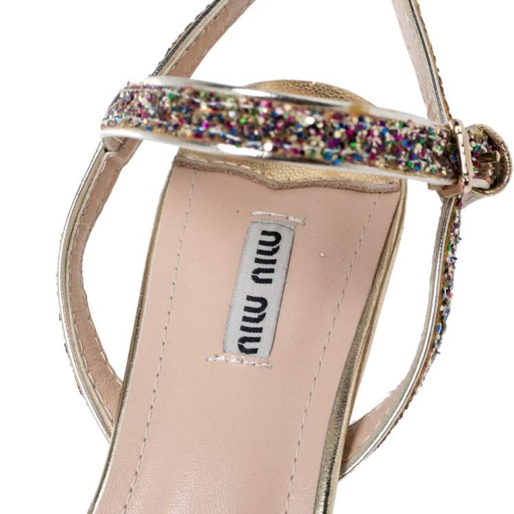 Pre Owned Miu Miu Multicolor Glitter Crystal Embellished Pointed Toe Slingback Sandals Size 40