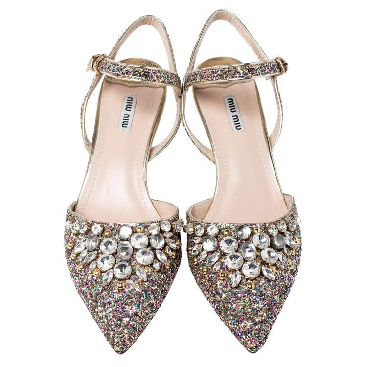Pre Owned Miu Miu Multicolor Glitter Crystal Embellished Pointed Toe Slingback Sandals Size 40