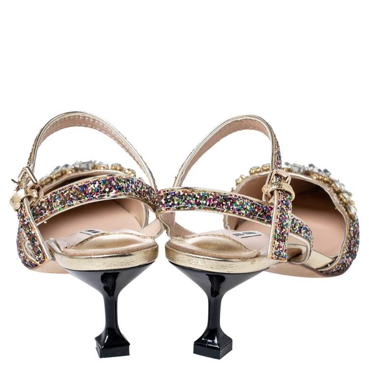 Pre Owned Miu Miu Multicolor Glitter Crystal Embellished Pointed Toe Slingback Sandals Size 40