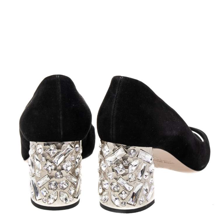 Pre Owned Miu Miu Black Suede Crystal Embellished Heel Peep Toe Pumps Size 36