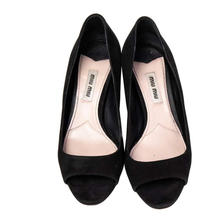 Pre Owned Miu Miu Black Suede Crystal Embellished Heel Peep Toe Pumps Size 36