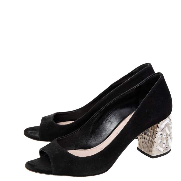 Pre Owned Miu Miu Black Suede Crystal Embellished Heel Peep Toe Pumps Size 36